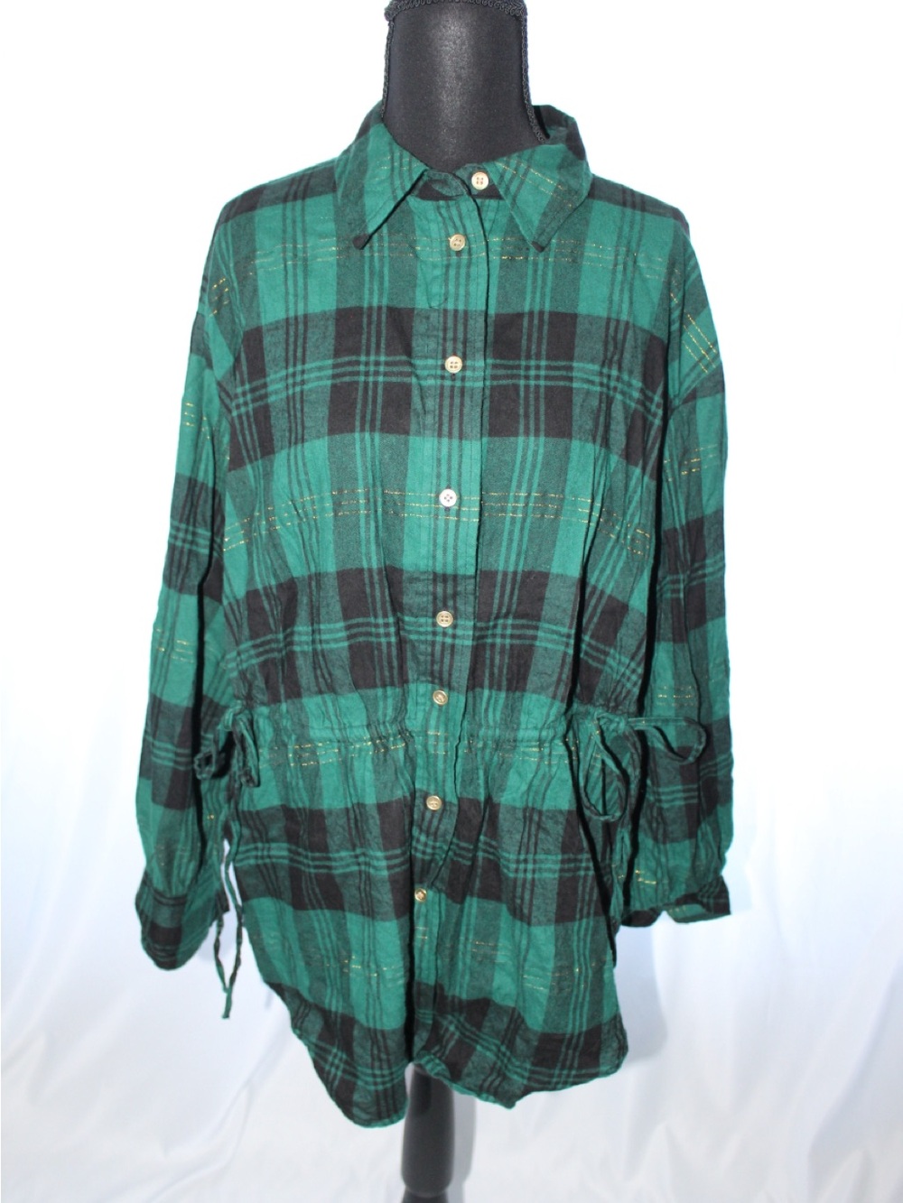 Lane Bryant Women’s Green Plaid Button-Up Drawstring Top